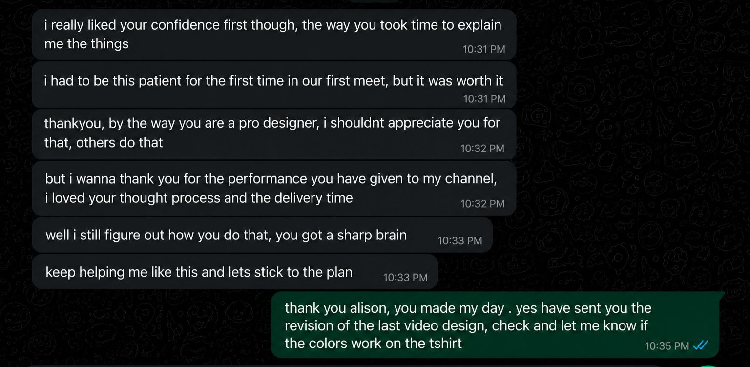 Authentic testimonial chat screenshot from Verified Client