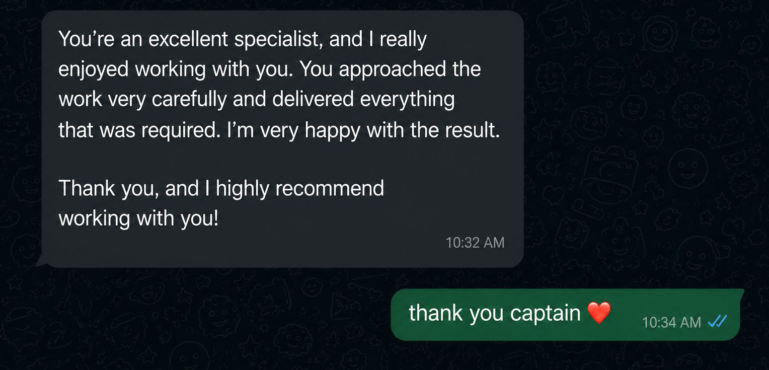 Authentic testimonial chat screenshot from Verified Client